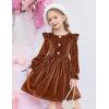 Arshiner Toddler Girls Long Sleeve Velvet Dress Ruffled Crew Neck Midi A-Line Fall Vintage Dress with Pockets for Kids 2-8Y(Caramel)