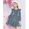 Arshiner Toddler Girls Long Sleeve Velvet Dress Ruffled Crew Neck Midi A-Line Fall Vintage Dress with Pockets for Kids 2-8Y(Gray Blue)