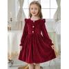 Arshiner Toddler Girls Long Sleeve Velvet Dress Ruffled Crew Neck Midi A-Line Fall Vintage Dress with Pockets for Kids 2-8Y(Red)