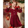 Arshiner Toddler Girls Long Sleeve Velvet Dress Ruffled Crew Neck Midi A-Line Fall Vintage Dress with Pockets for Kids 2-8Y(Red)
