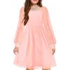 Arshiner Girl Tulle Dress Puff Long Sleeve Teen Girls Party Casual Dresses 5-12Y(Light Pink)