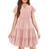 Arshiner Girls 2025 Summer Dresses Pom Poms Flutter Ruffle Sleeve Midi Polka Dot V Neck Dress with Pockets(Light Pink)