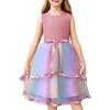Arshiner Girls Dress Formal Party Fluffy Tulle Sleeveless Belted Dresses Size 3-11Y(Rainbow)