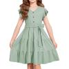 Arshiner Girls Dress Short Sleeve Summer V Neck Button Removable Belt Dresses with Pockets 5-12 Y(Light Green)