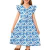 Arshiner Girls Dresses Ruffle Sleeve A-Line V-Neck Sundress Summer Swing Midi Dress with Pockets(Blue Floral)