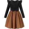 Arshiner Girls Fall Winter Dress Plaid Ribbed Ruffles Long Sleeve Dresses Cute Bowknot Little Girls Clothes 2-6 Years(Black / Brwon)