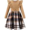 Arshiner Girls Fall Winter Dress Plaid Ribbed Ruffles Long Sleeve Dresses Cute Bowknot Little Girls Clothes 2-6 Years(Light Brown / Khaki Plaid)