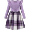 Arshiner Girls Fall Winter Dress Plaid Ribbed Ruffles Long Sleeve Dresses Cute Bowknot Little Girls Clothes 2-6 Years(Lilac / Blue Plaid)