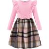 Arshiner Girls Fall Winter Dress Plaid Ribbed Ruffles Long Sleeve Dresses Cute Bowknot Little Girls Clothes 2-6 Years(Pink / Khaki Plaid)