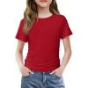Arshiner Girls Shirts Side Ruched Short Sleeve Crewneck Fitted Tops Casual Summer Soft Tee Clothes 5-12 Years(Red)