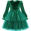 Arshiner Girls Velvet Tutu Dress Toddler Puff Long Sleeve Tiered Tulle Fall Winter Party Dresses with Ribbon(Dark Green)