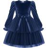 Arshiner Girls Velvet Tutu Dress Toddler Puff Long Sleeve Tiered Tulle Fall Winter Party Dresses with Ribbon(Navy Blue)