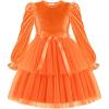Arshiner Girls Velvet Tutu Dress Toddler Puff Long Sleeve Tiered Tulle Fall Winter Party Dresses with Ribbon(Orange)
