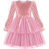 Arshiner Girls Velvet Tutu Dress Toddler Puff Long Sleeve Tiered Tulle Fall Winter Party Dresses with Ribbon(Pink)