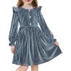 Arshiner Toddler Girls Long Sleeve Velvet Dress Ruffled Crew Neck Midi A-Line Fall Vintage Dress with Pockets for Kids 2-8Y(Gray Blue)