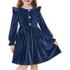 Arshiner Toddler Girls Long Sleeve Velvet Dress Ruffled Crew Neck Midi A-Line Fall Vintage Dress with Pockets for Kids 2-8Y(Navy Blue)