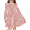 Arshiner Toddler Girls Long Sleeve Velvet Dress Ruffled Crew Neck Midi A-Line Fall Vintage Dress with Pockets for Kids 2-8Y(Pink)