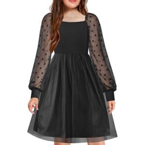 Arshiner Girl Tulle Dress Puff Long Sleeve Teen Girls Party Casual Dresses 5-12Y(Black)