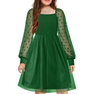 Arshiner Girl Tulle Dress Puff Long Sleeve Teen Girls Party Casual Dresses 5-12Y(Deep Green)