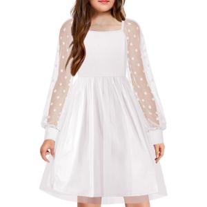 Arshiner Girl Tulle Dress Puff Long Sleeve Teen Girls Party Casual Dresses 5-12Y(White)