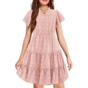 Arshiner Girls 2025 Summer Dresses Pom Poms Flutter Ruffle Sleeve Midi Polka Dot V Neck Dress with Pockets(Light Pink)