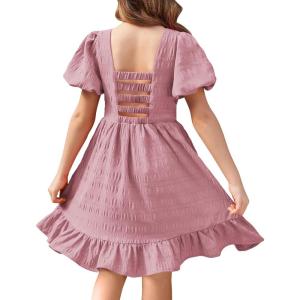 Arshiner Girls Backless Dress Short Sleeve Square Neck Ruffle Hem Elegant Dresses(Dark Pink)