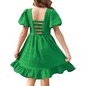 Arshiner Girls Backless Dress Short Sleeve Square Neck Ruffle Hem Elegant Dresses(Green)