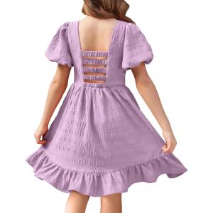 Arshiner Girls Backless Dress Short Sleeve Square Neck Ruffle Hem Elegant Dresses(Lilac)