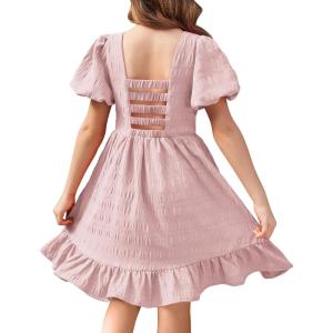 Arshiner Girls Backless Dress Short Sleeve Square Neck Ruffle Hem Elegant Dresses(Pink)