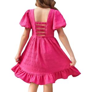 Arshiner Girls Backless Dress Short Sleeve Square Neck Ruffle Hem Elegant Dresses(Rose Red)