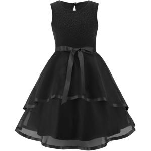 Arshiner Girls Dress Formal Party Fluffy Tulle Sleeveless Belted Dresses Size 3-11Y(Black)