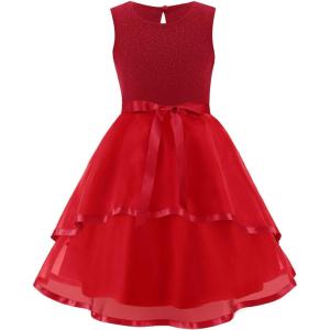 Arshiner Girls Dress Formal Party Fluffy Tulle Sleeveless Belted Dresses Size 3-11Y(Dark Red)