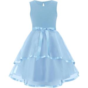 Arshiner Girls Dress Formal Party Fluffy Tulle Sleeveless Belted Dresses Size 3-11Y(Light Blue)