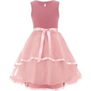 Arshiner Girls Dress Formal Party Fluffy Tulle Sleeveless Belted Dresses Size 3-11Y(Light Pink)