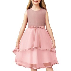 Arshiner Girls Dress Formal Party Fluffy Tulle Sleeveless Belted Dresses Size 3-11Y(Pink)