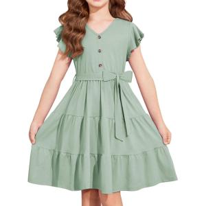 Arshiner Girls Dress Short Sleeve Summer V Neck Button Removable Belt Dresses with Pockets 5-12 Y(Light Green)