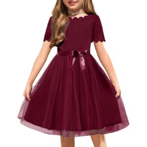 Arshiner Girls Dress Tutu Fluffy Summer Dresses Belted Wedding Party Flower Girls’ Dress Size 3-11 Years(Wine Red)