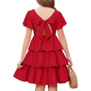 Arshiner Girls Dresses Elegant Ruffle Short Sleeve Back Tie Tiered Dresses(Red)