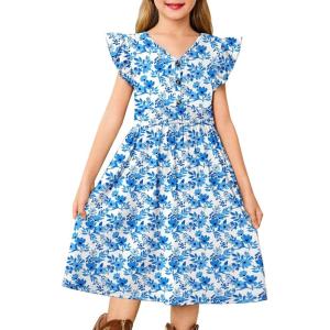 Arshiner Girls Dresses Ruffle Sleeve A-Line V-Neck Sundress Summer Swing Midi Dress with Pockets(Blue Floral)