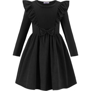 Arshiner Girls Fall Winter Dress Plaid Ribbed Ruffles Long Sleeve Dresses Cute Bowknot Little Girls Clothes 2-6 Years(Black / Dark Green)