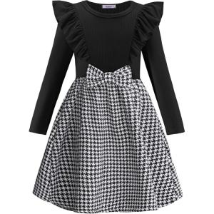 Arshiner Girls Fall Winter Dress Plaid Ribbed Ruffles Long Sleeve Dresses Cute Bowknot Little Girls Clothes 2-6 Years(Black / Houndstooth)