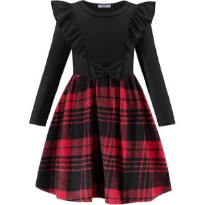 Arshiner Girls Fall Winter Dress Plaid Ribbed Ruffles Long Sleeve Dresses Cute Bowknot Little Girls Clothes 2-6 Years(Black / Red Plaid)
