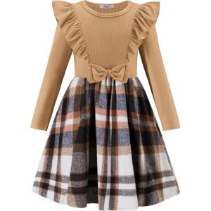 Arshiner Girls Fall Winter Dress Plaid Ribbed Ruffles Long Sleeve Dresses Cute Bowknot Little Girls Clothes 2-6 Years(Light Brown / Khaki Plaid)