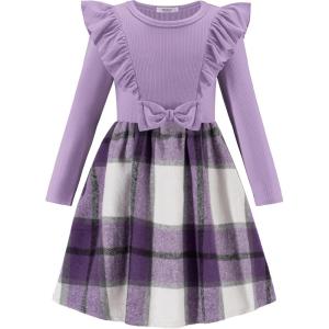 Arshiner Girls Fall Winter Dress Plaid Ribbed Ruffles Long Sleeve Dresses Cute Bowknot Little Girls Clothes 2-6 Years(Lilac / Blue Plaid)