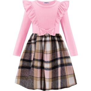 Arshiner Girls Fall Winter Dress Plaid Ribbed Ruffles Long Sleeve Dresses Cute Bowknot Little Girls Clothes 2-6 Years(Pink / Khaki Plaid)