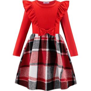 Arshiner Girls Fall Winter Dress Plaid Ribbed Ruffles Long Sleeve Dresses Cute Bowknot Little Girls Clothes 2-6 Years(Red / Red Plaid)