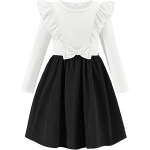 Arshiner Girls Fall Winter Dress Plaid Ribbed Ruffles Long Sleeve Dresses Cute Bowknot Little Girls Clothes 2-6 Years(White / Black)