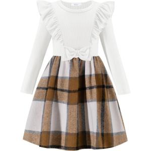 Arshiner Girls Fall Winter Dress Plaid Ribbed Ruffles Long Sleeve Dresses Cute Bowknot Little Girls Clothes 2-6 Years(White / Khaki Plaid)