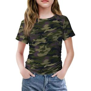 Arshiner Girls Shirts Side Ruched Short Sleeve Crewneck Fitted Tops Casual Summer Soft Tee Clothes 5-12 Years(Camo)