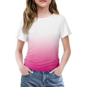 Arshiner Girls Shirts Side Ruched Short Sleeve Crewneck Fitted Tops Casual Summer Soft Tee Clothes 5-12 Years(Gradient Pink)
